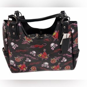 Ed Hardy Womens Faux Leather Tote Bag Black Hearts Skull NWT